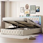 Lit coffre double 140x190 cm, avec lampe de chevet led, chargement usb, grand espace de rangement, sommier ...