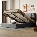 Tanant ? lit coffre double 140x190 cm en velours ? t�te de lit capitonn�e avec �clairage ? m�canisme ...