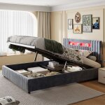 Lit coffre double 140x190 cm, avec barre lumineuse led orientable, velours, fonction rangement, sommier ...