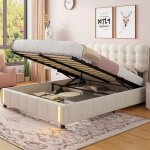 Lit coffre double 140x190 cm, bande lumineuse led en bout de lit, fonction rangement, tissu velours, ...
