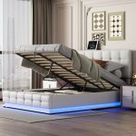 Lit coffre double 140x190 cm, avec clairage led et rangement lit relevable hydraulique, pu, ??sommier ...