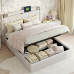 Lit coffre double 140x200 cm, avec interface 2usb + 1type - c, lit rembourr�, avec fonction de levage ...