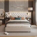 Lit coffre double 140x200 cm avec tte de lit capitonne - chevets et liseuses led intgrs - structure ...