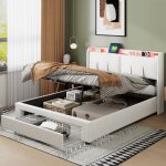 Lit coffre double 140x200 cm, avec tte de lit led rangement cach, chargement usb et type - c, tiroirs, ...