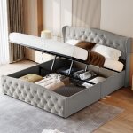 Lit coffre 140x200 cm, tte de lit ondule avec garniture rivete, rangement hydraulique, flanelle, sommier ...