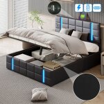 Lit coffre double 140x200 avec sommier, lit adulte rembourr� avec led, lit dossier moelleux, t�te de ...