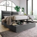 Lit coffre double 140x200cm - sommier  lattes avec structure en mtal, tte de lit rglable, tissu velours ...