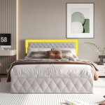 Lit coffre double 140x190cm velours, garniture rivets, bande lumineuse led, tte de lit relevable, sommier ...