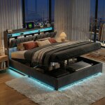 Lit coffre double 160x200, lit adulte avec led rgb et usb ? sommier � lattes, rev�tement en velours, ...