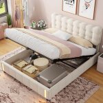 Lit coffre double 160x200 cm, bande lumineuse led en bout de lit, fonction rangement, tissu velours, ...