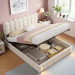 Lit coffre double 160x200 cm, bande lumineuse led en bout de lit, fonction rangement, tissu velours, ...