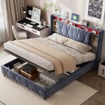 Lit coffre double 160x200 cm, avec bande lumineuse led et chevets de rangement, port de recharge usb, ...