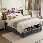 Lit coffre double 160x200 cm, avec bande lumineuse led et chevets de rangement, port de recharge usb, ...