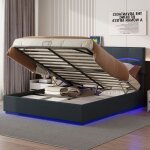 Lit coffre double 160x200 cm, avec bande lumineuse rgb, 2 prises usb, 2 prises de courant tte de lit, ...