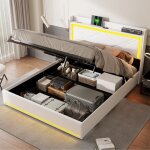 Lit coffre 160x200 cm, lit adulte, lit double, avec clairage led rglable, chargement usb, pu, sommier ...