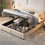 Lit coffre double 160x200 cm - d�coration de boutons - deux tiroirs en bout de lit - nombreux rangements ...