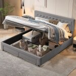Lit coffre double 160x200 cm, décoration de boutons, deux tiroirs en bout de lit, nombreux rangements, ... Lit coffre double 160x200 cm, décoration de boutons, deux tiroirs en bout de lit, nombreux rangements, ...