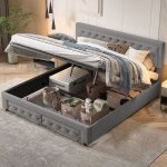 Lit coffre double 160x200 cm, décoration de boutons, deux tiroirs en bout de lit, nombreux rangements, ... Lit coffre double 160x200 cm, décoration de boutons, deux tiroirs en bout de lit, nombreux rangements, ...