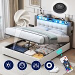 Lit coffre double 160x200 cm, dossier velours blanc cass, avec clairage led, chevet recharge sans fil, ...