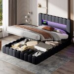 Lit coffre double 160x200 cm, avec �clairage led, chargement usb, fonction de rangement, forme souche, ...