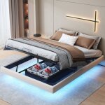 Lit coffre double 160x200 cm, avec clairage led, chevet sans cadre, fonction rangement, matire pu, ...