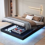 Lit coffre double 160x200 cm, avec clairage led, chevet sans cadre, fonction rangement, matire pu, ...