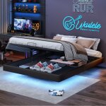 Dans les nuages ? lit coffre double 160x200 cm ? �clairage led ? chevet sans cadre ? rangement int�gr� ...