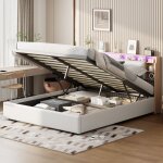 Lit coffre 160x200 cm, avec clairage led, cloisons ouvertes, chevets rabattables, sommier  lattes, ...