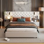 Lit coffre double 160x200 cm avec tte de lit capitonne - chevets et liseuses led intgrs - structure ...