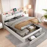 Lit coffre double 160x200 cm, avec t�te de lit led rangement cach�, chargement usb et type - c, tiroirs, ...