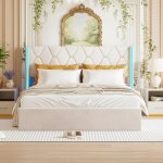 Lit coffre 160x200, lit double capitonn� avec �clairage led, lit avec rangement en velours, t�te de lit ...