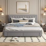 Lit coffre double 160x200 cm en velours gris avec 2 tiroirs - t�te de lit capitonn�e - sommier � lattes ...