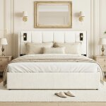 Lit adulte coffre double 160x200cm en velours beige avec liseuses led - tête de lit haute capitonné, ... Lit adulte coffre double 160x200cm en velours beige avec liseuses led - tête de lit haute capitonné, ...