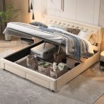 Lit coffre double 180x200 cm, dcoration de boutons, deux tiroirs en bout de lit, nombreux rangements, ...