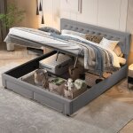 Lit coffre double 180x200 cm, dcoration de boutons, deux tiroirs en bout de lit, nombreux rangements, ...