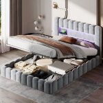 Lit coffre double 180x200 cm, avec �clairage led, chargement usb, fonction rangement, forme souche, velours, ...