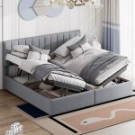Lit coffre double 180x200 cm, lit multifonction 2 en 1 avec tte de lit  rayures verticales, linge avec ...