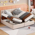 Lit coffre double 180x200 cm, lit multifonction 2 en 1 avec tte de lit  rayures verticales, linge avec ...