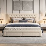 Lit coffre double 180x200 cm en velours beige avec 2 tiroirs - t�te de lit capitonn�e - sommier � lattes ...