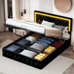 Lit coffre double 180x200cm velours, garniture rivets, bande lumineuse led, t�te de lit relevable, sommier ...