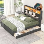 Okwish - lit adulte 140x200 cm lit double avec 2 tiroirs, chargement de chevet prise usb, et clairage ...