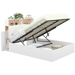 Lit coffre double clyde avec tête de lit + rangements et sommier 140 x 190 cm blanc et façon hêtre Lit coffre double clyde avec tête de lit + rangements et sommier 140 x 190 cm blanc et façon hêtre