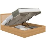 Lit coffre double edhen avec tte de lit cannage et sommier 140 x 190 cm coloris bois