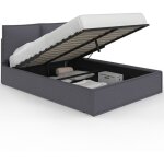 Lit coffre double pilou avec tte de lit oreiller et sommier 140 x 190 cm tissu gris anthracite