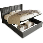 Lit coffre double lit rembourr� 180x200cm, sommier � lattes en bois, lit avec sommier � lattes en m�tal, ...