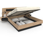 Lit coffre double santa avec t�te de lit + tables de chevet int�gr�es et sommier 160 x 200 cm bois et ...