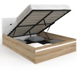 Lit coffre double seaside avec t�te de lit et sommier 140 x 190 cm fa�on h�tre et blanc