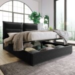 Lit coffre double tte de lit rglable, sommier  lattes avec structure en mtal et espace de rangement, ...