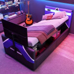 Lit coffre enfant 90x200cm - style e - sport - avec lumi�res led - avec support tv int�gr� - noir + bleu ...