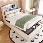 Lit coffre enfant 90x200cm, velours, lit simple led, tête de lit avec rangement, usb, beige Lit coffre enfant 90x200cm, velours, lit simple led, tête de lit avec rangement, usb, beige